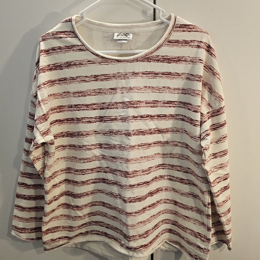 Wild Palms Womans Large Casual Striped Long Sleeve Top in Burgundy and Cream